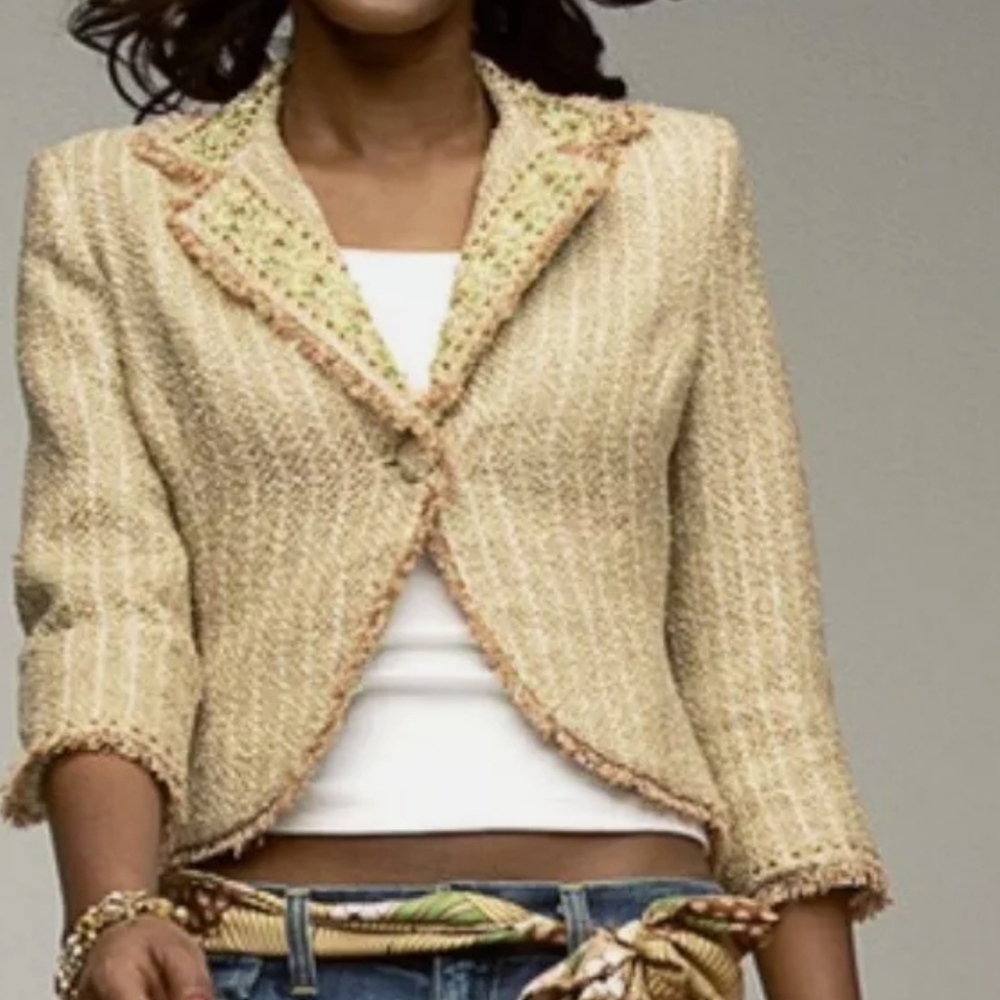 True Meaning tweed embroidered gold thread embellished fringe statement jacket 2